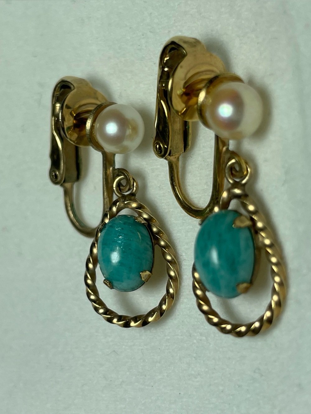 Vintage Winard 12k GF Dangle Clip-on Earrings Turquoise Pearl Mid Century Singed